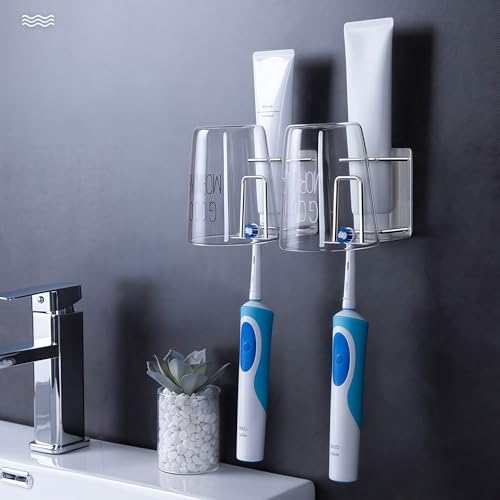 HANZE 2 Pack Toothbrush Holder 304 Stainless Steel Adhesive Wall Mounted 3 in 1 with Toothbrush Holder Toothpaste Holder and Cup Holder for Bathroom Shower - color: 2 Pack (3 in 1)