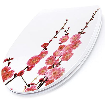 White Plastic Quick Release Toilet Seat - Oval Shape, Top Fixing with Adjustable Hinges, Easy Clean, Seagull and Starfish Design - One Size - color: Plum Blossom
