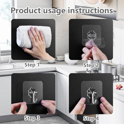 Strong Transparent Adhesive Hooks, 2-Pack No Drill, Removable Self-Adhesive Wall Hooks for Bathroom Damage-Free Hooks for Hanging Towels