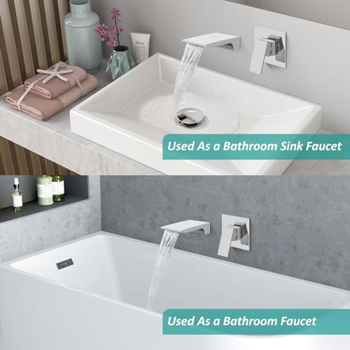 Wall Mount Bathroom Faucet, Brass, Polished Chrome, Waterfall Spout, Single Handle, Rough-in Valve Included | SUS304 Waterfall Spout, Rough-In Valve, Single-Handle Control, 1/2-Inch NPT, Flexible Handle Placement - color: Polish Chrome