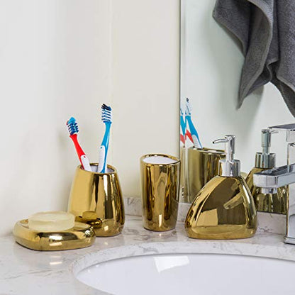 MyGift 4 Pcs Gold Bathroom Accessories Set with Toothbrush Holder, Soap Dispenser, Tumbler and Soap Dish, Bathroom Organizer Accessory for Modern Home Decor, Complete Ceramic