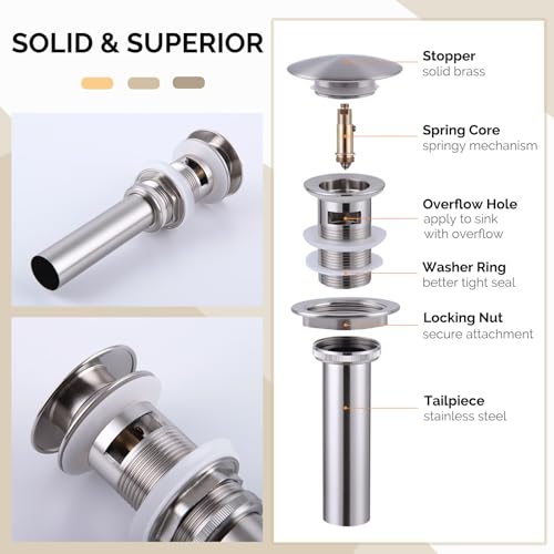 Angle Simple Bathroom Sink Stopper, Brass Pop Up Sink Drain, Brushed Nickel | Only for Sink with Overflow Hole, Fit Drain Hole with 1.61 to 2 Inches Diameter, Fast Drainage - color: Brushed Nickel