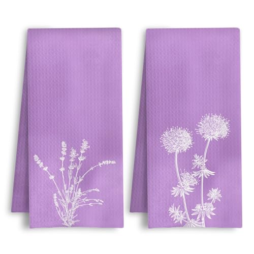 Purple Floral Kitchen Towels, Pastel Lavender Flower Botanical Dish Tea Towels, Rustic Minimalist Wildflower Decorative Hand Towel for Kitchen Bathroom, 16x24 Inch Set of 2 - color: Pastel Lavender