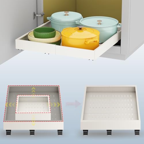Fokyfok Pull out Cabinet Organizer,15"-21"W,17"-24"D,Expandable,Adhesive | No Drill,3 Rails,Roll out Drawers,Adjustable Slide out Shelves for Kitchen,Pantry,Framed and Framless Cabinets,White,1PC - color: White, size: (15"W-21"W)X(17"D-24"D)