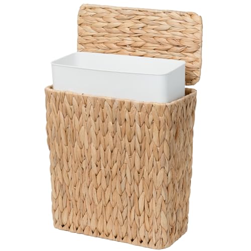 Coeusy 3 Gallon Wicker Trash Can,Small Bathroom Trash Can with Lid,Natural Water Hyacinth Wicker Waste Basket for Bedroom,Toilet,Narrow Garbage Can with Removable Liner - color: Water hyacinth