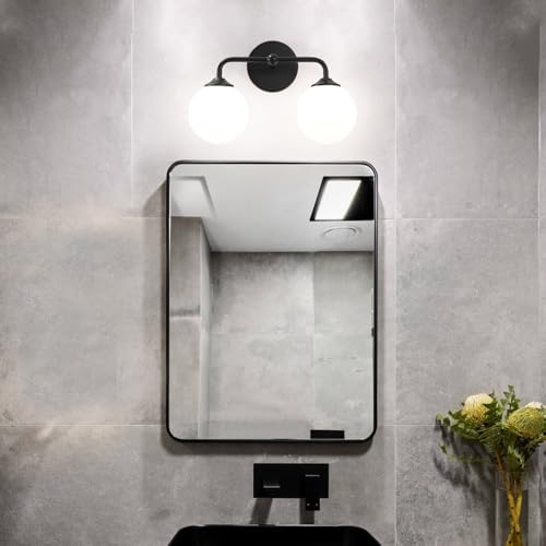 Industrial Matte Black 2-Lights Bathroom Light Fixtures, Vanity Wall Sconce Lighting with Milky White Glass Shade, Modern Bathroom Vanity Lighting, Wall Sconces over Mirror Dressing Table Bedroom - color: Black, size: 2 light