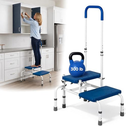 Platinum Health AdjustaStep Double-Step Step Stool with Side-Mounted Safety Handle. Adjustable Height. Padded Handle, Non-Slip Steps. Quick, Tool-Less Assembly. - size: 300 lb. Capacity - 2 Steps
