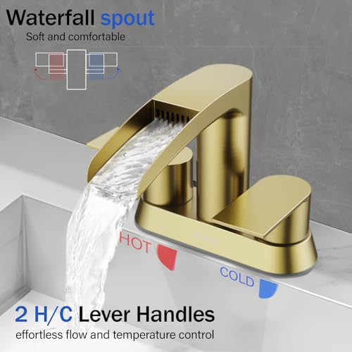 Bathroom Sink Faucet for 3 Hole, Hurran 4 Inch Faucets with Pop-up Drain, Stainless Steel 2-Handle Waterfall Faucet for Bathroom Sink, Brushed Gold - color: Brushed Gold