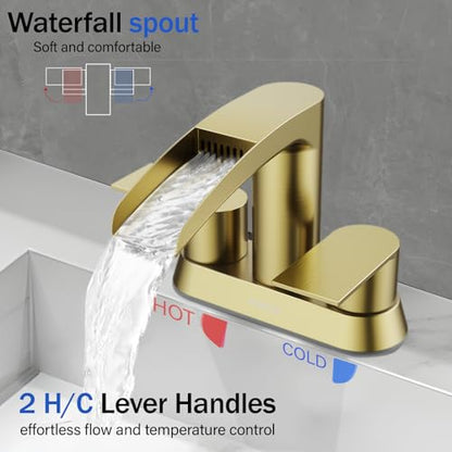 Bathroom Sink Faucet for 3 Hole, Hurran 4 Inch Faucets with Pop-up Drain, Stainless Steel 2-Handle Waterfall Faucet for Bathroom Sink, Brushed Gold - color: Brushed Gold
