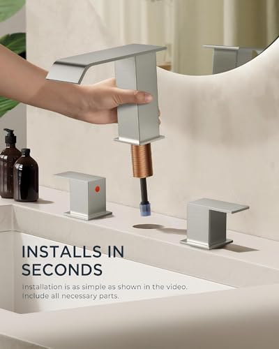 FORIOUS Bathroom Faucet 3 Hole 8" Widespread Sink Faucets Brushed Nickel | 3-hole 4-12 Inch Widespread Sink, Square Waterfall Spout, with Drain and Hoses,for Vanity Rv Commercial Lavatory Restroom - color: Stainless Steel