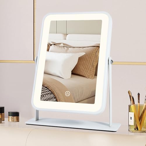 YEKKOPT Small Desk Mirror with Lights, Lighted Makeup Mirror with Light, Portable Tabletop Make Up Mirror for Desk, Vanity Mirror with Lights,Smart Touch Control, Dual Power Supply, 360°Rotation - size: 11"L x 9"W