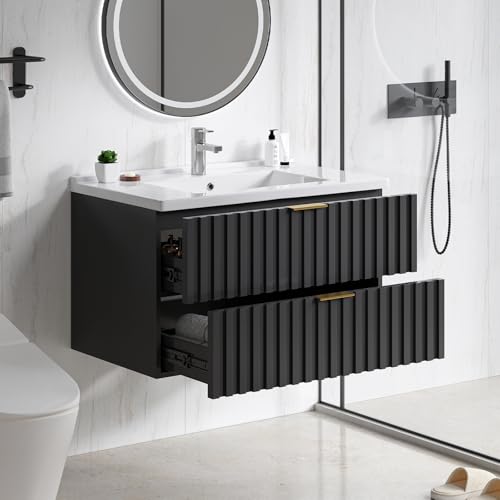 ONBRILL 30 Inch Bathroom Vanity with Sink Combo, Floating Bathroom Vanity with 2 Fluted Drawers & Metal Handle, Modern Wall Mount Storage Cabinet with Ceramic Integrated Sink for Small Space (Black) - color: Black, size: 30"