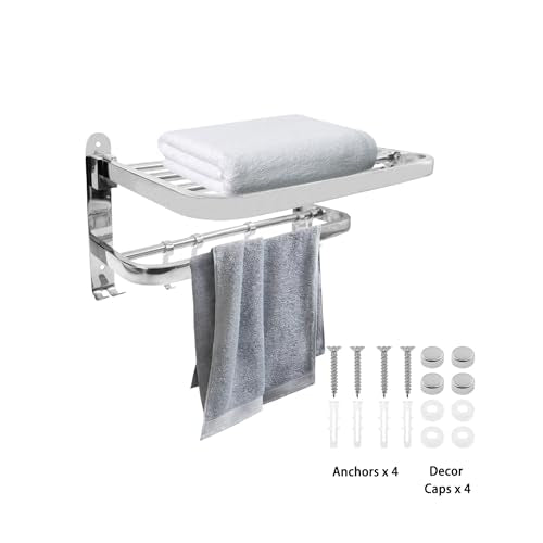 Foldable Towel Rack,Towel Hanger Towel Shelf with Double Towel Bars and Movable Hooks for Bathroom Lavatory,TTZEZE SUS304 Rustproof Modern Brushed Finish Towel Holder Wall Mount Silver (48cm/18.9'') - size: 48cm/18.9''
