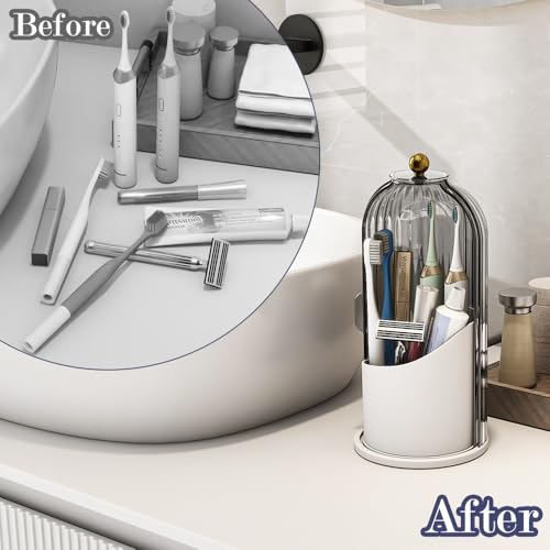 Toothbrush and Toothpaste Holders with Cover, Grey White | Waterproof and Dustproof, 360° Rotating Base, Smooth Sliding Door, 3 Slots, for Bathroom Countertop - color: Grey White