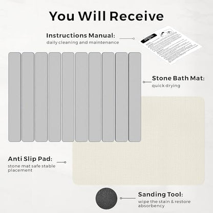 Foldable Stone Bath Mat, 23.5" x 15.4", Light Gray | Quick Dry Diatomaceous Earth, Non-Slip, Super Absorbent, Easy to Clean