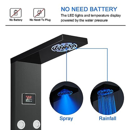 LED Rainfall Shower Tower System, Stainless Steel Hydroelectric Shower Panel Tower System (No battery need) with 6 Pcs Body Jets, Black - color: Black - 6 Body Jets