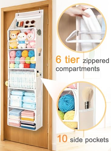 Over Door Storage Bag with Zippered Closure, 6 Tier Hanging Organizer, Behind Door Stuffed Animal/Toy/Plush Holder, Clear Window, Home Organization for Bathroom/Bedroom/Closet/Nursery, 1Pack,Beige