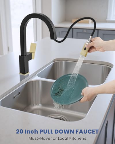 DAYONE Square Kitchen Faucet Black and Gold, Modern Bar Kitchen Sink Faucet with Pull Down Spray 2 Modes, S304 Stainless Steel Single Handle Faucet for Kitchen Sink, with Square Deck Plate - color: Black & Gold