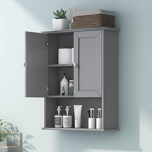 VANIRROR Wall Mounted Bathroom Cabinet 24x30 Inch Wood Over Toilet Storage | Above Toilet Medicine Cabinets with 2 Door & Adjustable Shelf for Kitchen, Laundry, Entryway,Durable MDF Construction - color: Grey With Silver Handle, size: 24x30