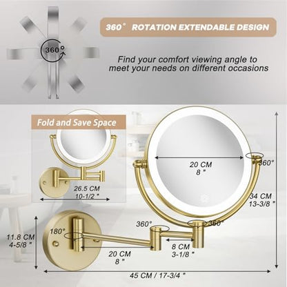 8 Inches Brass Lighted Makeup Mirror Wall Mounted with Magnification 1X/10x | Double Sided 3 Color LED Touch Dimming, 360 Swivel Extended Arm Shaving Vanity for Bathroom, Hardwired, Satin Brushed Gold - color: Satin Brushed Gold