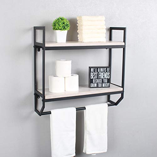 2-Tier Metal Industrial 23.6" Bathroom Shelves Wall Mounted,Rustic Wall Shelf Over Toilet,Towel Rack with Towel Bar,Utility Storage Shelf Rack, Floating Shelves Towel Holder,Retro White - color: B
