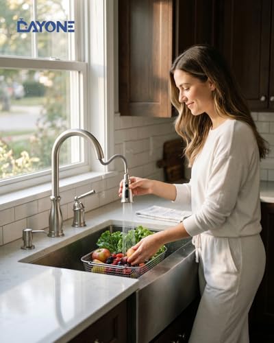 DAYONE 3 Holes Kitchen Sink Faucets with Pull Down Sprayer and Soap Dispenser, Separate Handle Brushed Nickel Sink Faucet for Kitchen, 2 Holes Single Handle High Arc - color: Brushed Nickel, style: Separate handle