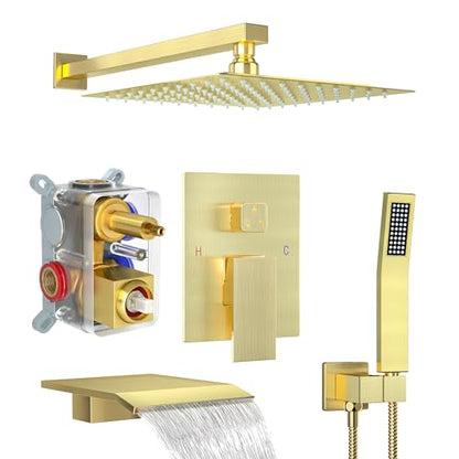 Shower System with 10-Inch Rain Head and Tub Spout | All-Metal Tub Shower Faucet Set, Wall Mounted Rain Showerhead, Handheld Spray, Includes Valve and Trim Kit, Brushed Gold - color: Brushed Gold, style: 10"-With Tub Spout