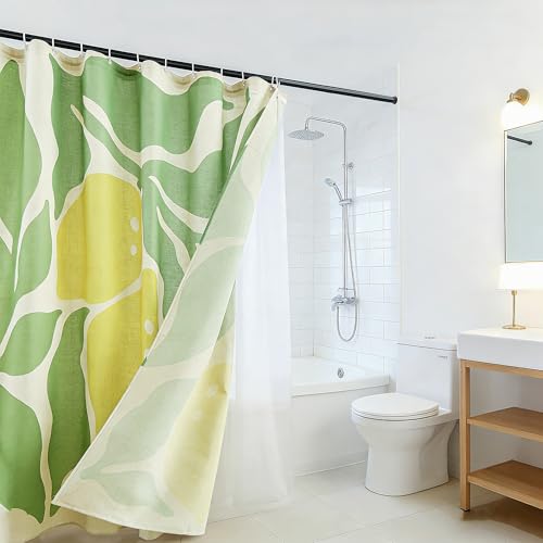 Yellow Lemon and Green Leaves Linen Shower Curtain Set with Liner | Double Layer Shower Curtain Waterproof Fabric with Zippered Removable PEVA Liner,Boho Shower Curtain for Bathroom,Free Hooks - color: Citrus