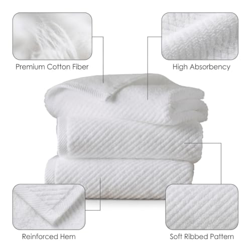 Cotton Bath Towel Set 500 GSM White Waffle Weave Diagonal Ribbed Towels for Bathroom Quick Dry Absorbent Washcloths Hand