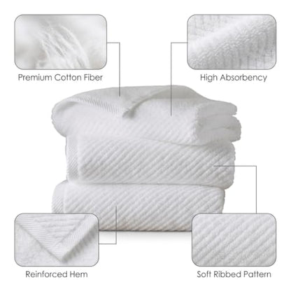 Cotton Bath Towel Set 500 GSM White Waffle Weave Diagonal Ribbed Towels for Bathroom Quick Dry Absorbent Washcloths Hand