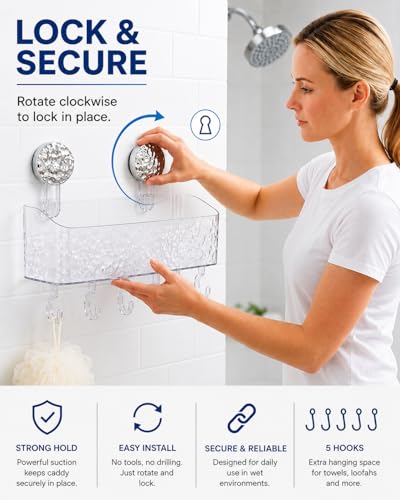 HOME&I Suction Cup Shower Caddy with Twist-to-Lock Mount, Drill-Free Bathroom Organizer for Toothbrush, Toothpaste & Razor, Self-Draining Storage Rack with 5 Hooks - size: Shower Caddy – 1 Pack