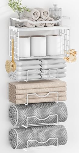 Towel Racks for Bathroom,Towel Rack Wall Mounted, 6 Tier Rolled Or Folded Towel Holder with Floating Shelves, Bathroom Towel Holder for Bath, Hand Towels,Metal,Full White - color: White Plack, size: J-type White Rack