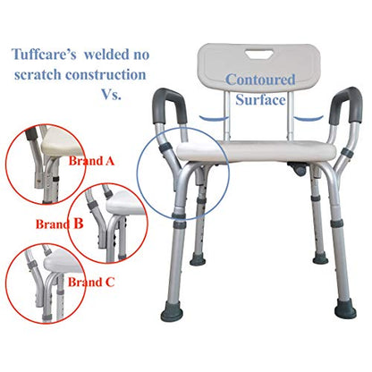 Deluxe Armed Shower & Bath Chair with Back & Arms, Snap On Tool Free Assembly, Lightweight & Seat Height Adjustable, Great for Travel (Bench with Back)