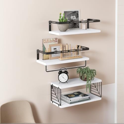 Bathroom Shelves Over Toilet Wall Mounted Floating Shelves 3+1 Rustic Wood Floating Shelves with Metal Frame and Towel Bar for Bathroom, Living Room,Bedroom and Kitchen (White, Leaf Grid)