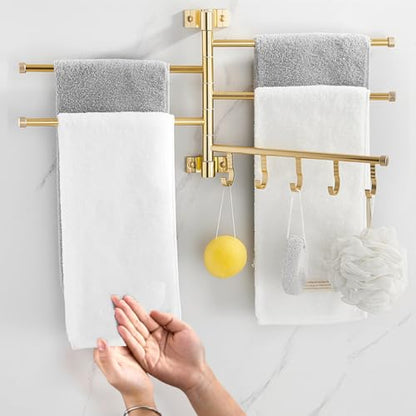 ZHOUXIAO Swing Out Towel Bar Holder Gold Finish/Golden Swivel Towel Rack for Bathroom or Kitchen, Metal Towel Bar Folding Arm Swivel Hanger Bathroom Storage Wall Mounted A-4Bars