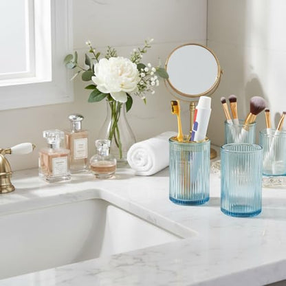 Toothbrush Holders for Bathrooms, 2pcs Blue Glass Toothbrush Holder, Bathroom Toothbrush Cup and Toothpaste Holder with Gold Divider, Tooth Brush and Toothpaste Organizer for Countertop - color: Blue Gold
