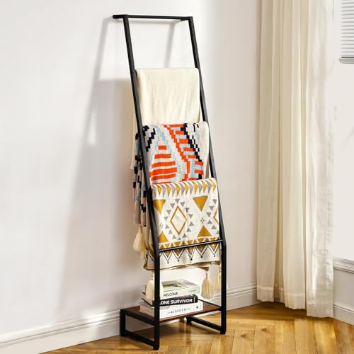 DGWJSU Blanket Ladder, 5 Tier Ladder Shelf,Wooden Blanket Ladders for Living Room and Bedroom, 5.2ft Blanket Holder Rack Farmhouse Ladder Rack for Storage and Home Decor, Rustic Brown and Black - color: Black