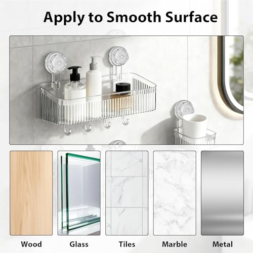 3 Pack Suction Cup Shower Caddy Not Suitable for Wet Wall | Clear Shower Shelves No Drillingwith Movable Hooks & Toothbrush Holder, Wall Storage Shelves for Bathroom, Kitchen