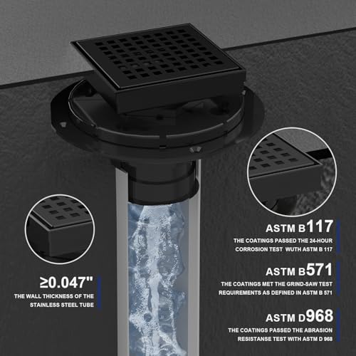 4 Inch Matte Black Square Shower Drain with Removable Grate | AISI 304 Stainless Steel Shower Drain, Floor Drain with Hair Catcher & ABS Flange, Fits Bathroom & Balcony etc - color: Matte Black, size: 4 in