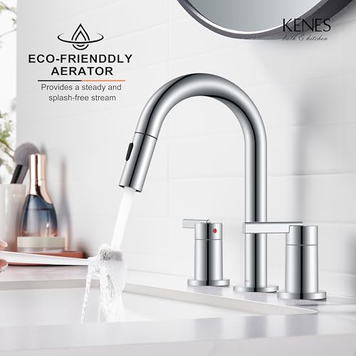 Chrome Pull Down Widespread Bathroom Faucet 8 Inch 2 Handle 3 Hole | Pull Out Bathroom Faucet with Pop Up Drain & Supply Lines, Lead-Free cUPC & NSF Certified, 8 Inch Faucet for Vanity RV Sink - color: Chrome