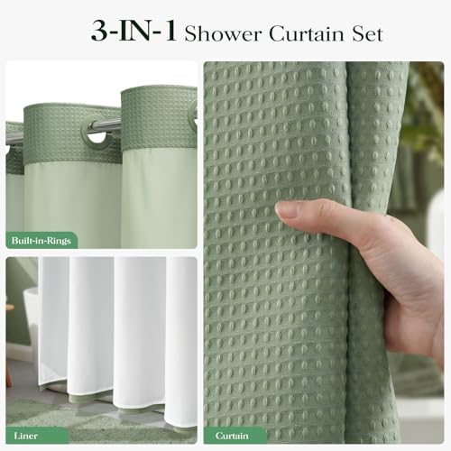 Sage Green Hook Free Waffle Shower Curtain & Snap-in Liner,36x75 | Less Time to install, 3 in 1 Fabric Shower Curtain and Liner Set with Magnets, Stall, Shower Curtains for Bathroom - color: A Sage Green, size: 36"W x 75"L (Pack of 1)