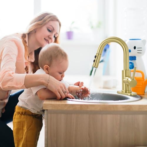 Brushed Gold Bathroom Faucet with Pull Down Sprayer, 2 Flow Mode | Modern Stainless Steel Bathroom Sink Faucet with Pop-up Drain and Hoses, RV & Outdoor Basins, for 1 or 3 Hole - color: Brush Gold