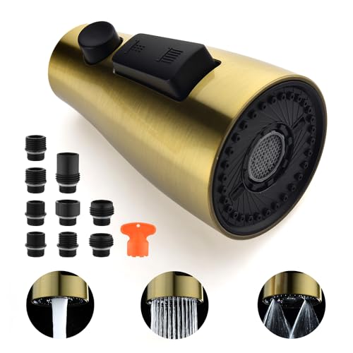 [Upgraded] GORDEE Kitchen Faucet Sprayer Head Replacement, 3-Function(Stream/Spray/Blade) Sprayer Spout Nozzle w/Check Valve, 1.8 GPM, 9 Adapters to Fit Most Standards of Faucets, Brushed Gold - color: N2 New 3-function Brushed Gold
