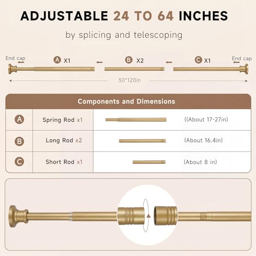 Gold Tension Curtain Rod 24 to 64 Inch(2-5.3ft) - Stainless Steel Spring Tension Shower Curtain Rod, No Drilling Satin Gold Tension Rod for Curtains Windows Closet Kitchen - color: Satin Gold, size: 24-64 Inches