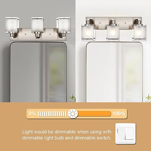 Modern 3-Lights Brushed Nickel Vanity Lights, Bathroom Light Fixture Over Mirror Wall Lighting Sconces with Frosted Glass Shades, E26 Bulb Base - color: Brushed Nickel, Frosted Glass, size: 3-Lights