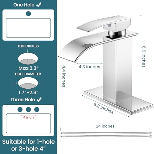 Bathroom Faucets Chrome Waterfall Single Handle Bathroom Sink Faucet | with Pop-up Drain & Deck,Supply Hoses,Chrome Single Handle Vanity Faucet,Stainless Steel,1 or 3 Hole,RV,Fits Home,Bathroom - color: A-Chrome, style: Short