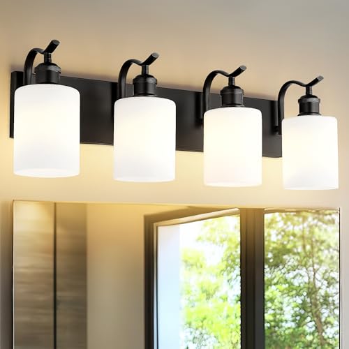 Black Vanity Light, 4-Light Bathroom Light Fixture, Modern Wall Sconce with Milk Glass, VL01BKW-4 - color: Black & Milk Glass, size: 4 LIGHT