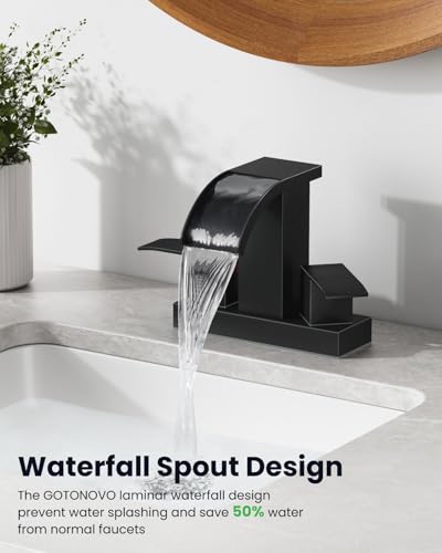 gotonovo Waterfall 4’’ Centerset Bathroom Sink Faucet Matte Black | 2 Handle Bathroom Faucet,SUS304,2 or 3 Hole,2.17’’ Wide Spout,24’’ cUPC Water Line,Pop Up Drain,Vanity,RV,Lavatory Modern Tap - color: Black