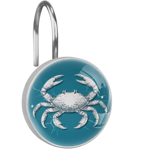 Crystal Glass Shower Curtain Hooks Set of 12, Rustproof Shower Curtain Rings for Bathroom, Nautical Abstract Crab Decorative Shower Curtain Hangers for Shower Curtain Rod, Bedroom - color: Nautical Abstract Crab