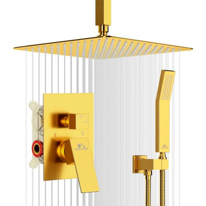 SunCleanse Rainfall Shower System with High Pressure in Brushed Gold | Ceiling mounted shower combo set featuring a 12" square rain head, handheld spray, and rough-in mixer valve with trim. - color: Brushed Gold, style: 12-ceiling